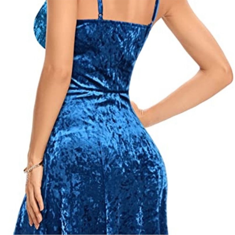 Laughido Blue Velvet Sleeveless Spaghetti Strap Skater A-Line Swing Mini Dress